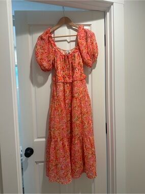 NSR Pink Orange Floral Midi Dress with Puff Sleeves